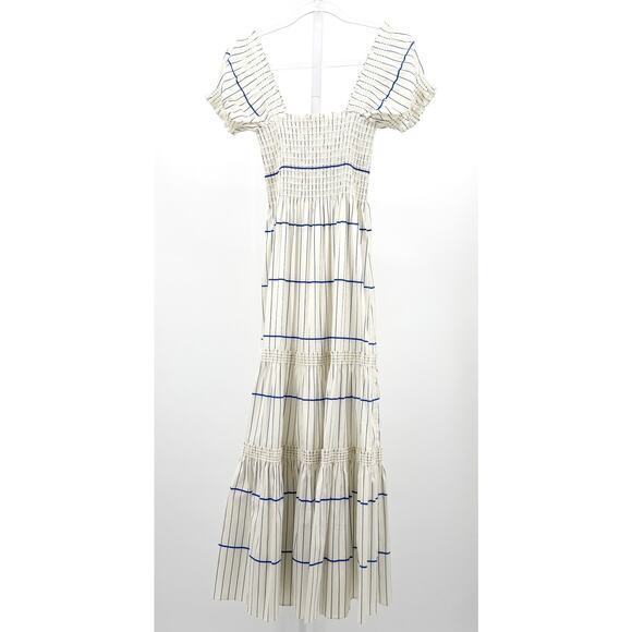 Tory Burch Striped Smocked Midi Dress Blue White XS Cotton Tiered Coastal Preppy - Picture 9 of 9